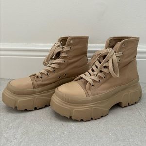 Beige Zara Chunky Combat Lace Up Boots